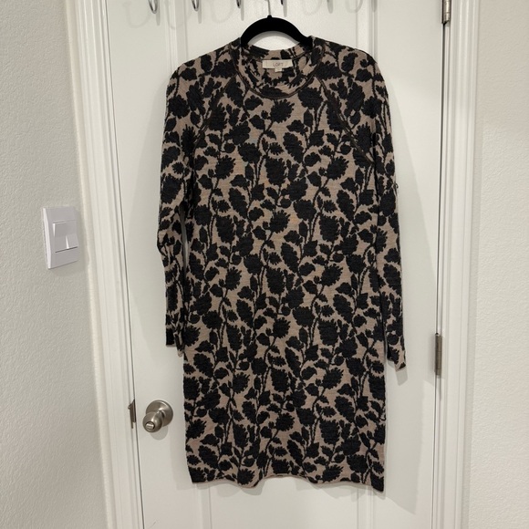 LOFT Black and Tan Floral Long Sleeve Dress Wool Blend Size Large Fall Winter - Picture 1 of 8